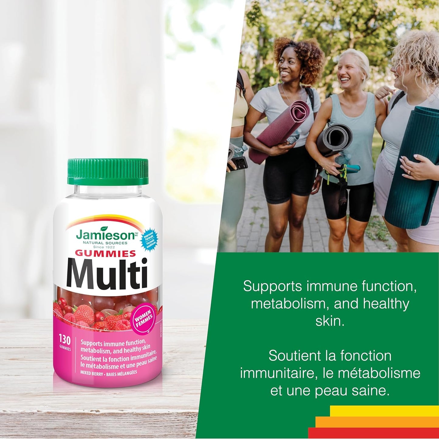 Jamieson 女士複合維生素軟糖，混合莓果口味，有助於骨骼健康、免疫力、能量、頭髮、皮膚和指甲健康。加入生物素和維生素B12，素食，非基因，不含麩質、人工色素、香精或防腐劑…