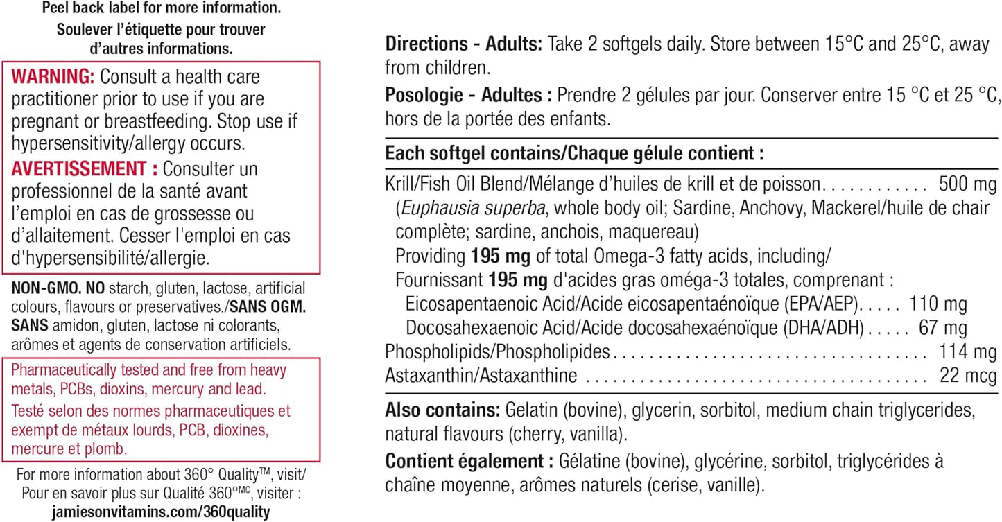 Jamieson Omega Krill Plus 500毫克軟膠囊，無魚腥味，富含EPA、DHA、磷脂質和蝦紅素。支持心臟健康和大腦健康，非基因改造，無麩質，60粒，加拿大製造