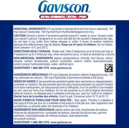 Gaviscon 液體強效抗酸劑 - 340 毫升 - 日夜緩解胃灼熱、胃酸倒流和胃食道逆流的抗酸液，水果混合物 - 不含鋁、乳糖和麩質