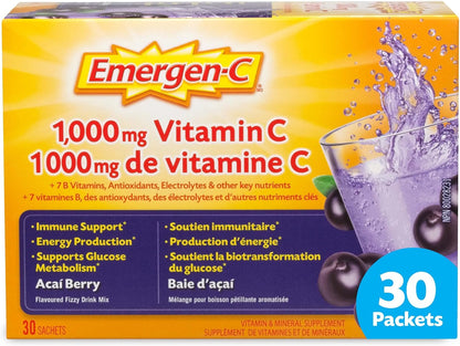 Emergen-C 免疫支持碳酸饮料粉，富含维生素和矿物质，巴西莓，30 袋