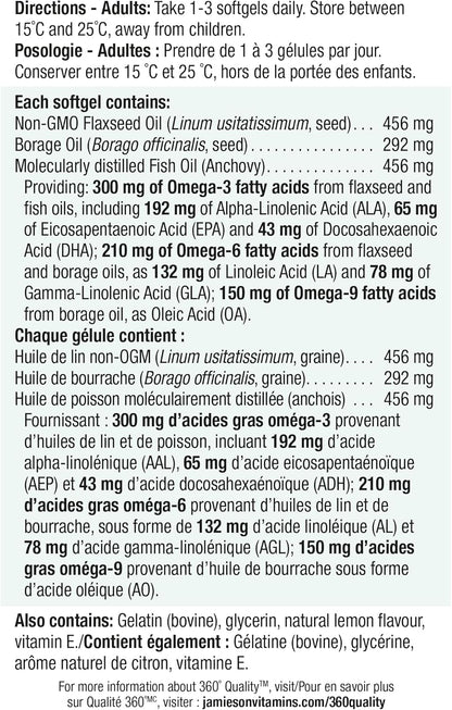Jamieson Omega-3-6-9 1200 毫克，無魚腥味，魚油、琉璃苣油和亞麻籽油。支持心臟和大腦健康，富含 EPA、DHA 和 ALA，非基因改造，無麩質，180 粒軟膠囊，加拿大製造