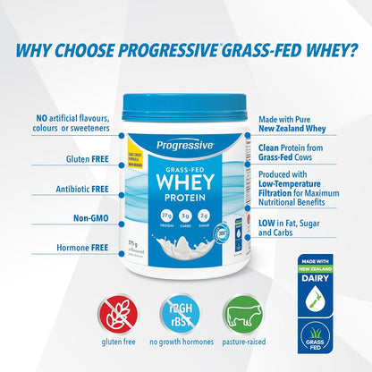 Progressive 草飼 100% 乳清蛋白粉（無味），每匙含 27 克紐西蘭乳清濃縮物，用於增肌，牧場飼養，非基因改造，加拿大製造，不含抗生素和激素，375 克