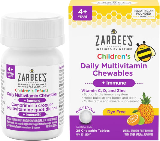 Zarbee's® Daily Multivitamin Chewables + Immune, vitamin D, vitamin C, zinc, tropical fruit flavour, 28 count