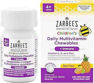 Zarbee's® 每日多種維生素咀嚼片 + 免疫、維生素 D、維生素 C、鋅、熱帶水果口味，28 粒