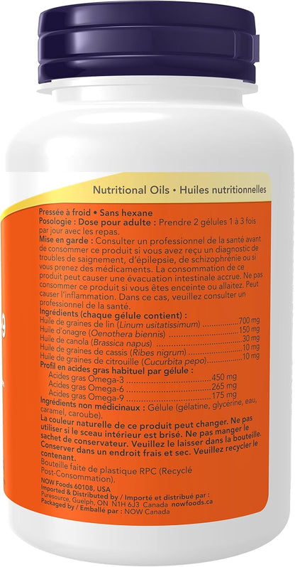 NOW Supplements，Omega 3-6-9 1000 毫克，混合亚麻籽、月见草、菜籽油、黑加仑油和南瓜籽油，100 粒软胶囊