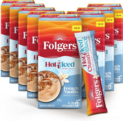 Folgers 速溶咖啡包，适用于热饮或冷饮混合小袋，速溶法式香草拿铁，4 个（8 包）
