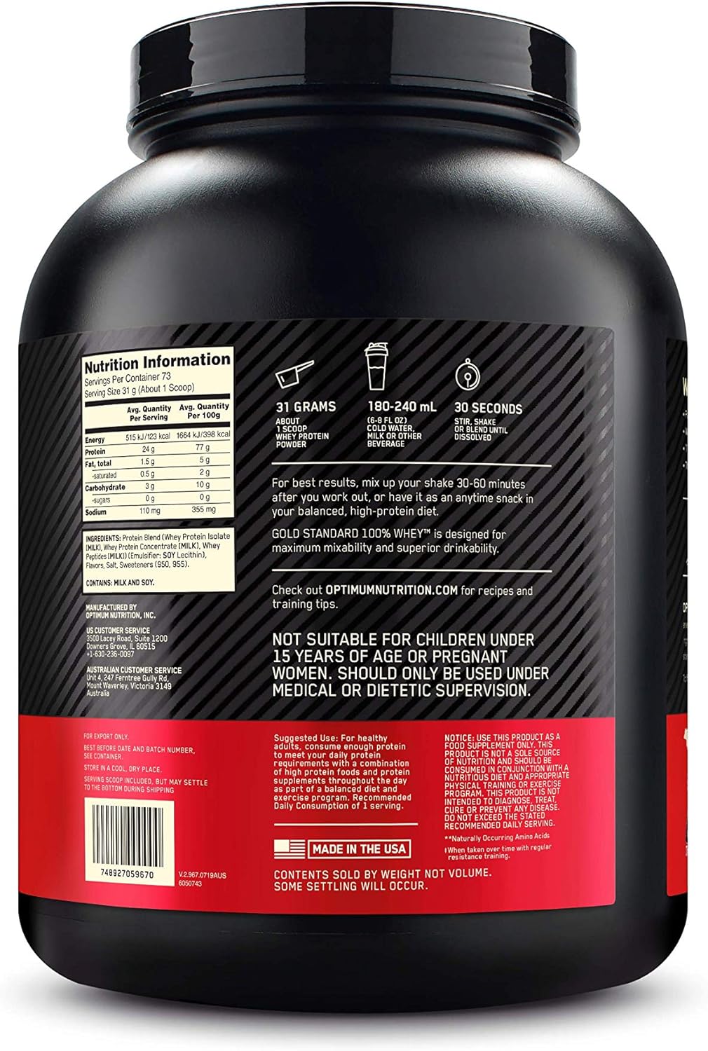 Optimum Nutrition Gold Standard 100% 乳清蛋白粉，法式香草奶油味，2.27 公斤，中號