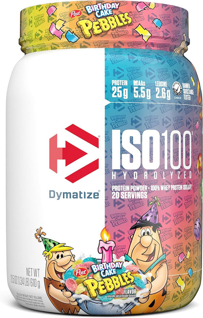 Dymatize ISO100 Hydrolyzed Protein Powder, 100% Whey Isolate Protein, 25g of Protein, 5.5g BCAAs, Gluten Free, Fast Absorbing, Easy Digesting, Birthday Pebbles, 20 Servings
