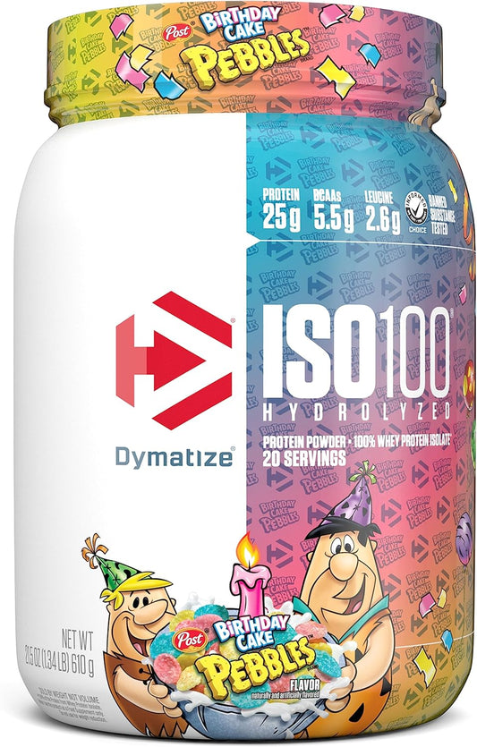 Dymatize ISO100 Hydrolyzed Protein Powder, 100% Whey Isolate Protein, 25g of Protein, 5.5g BCAAs, Gluten Free, Fast Absorbing, Easy Digesting, Birthday Pebbles, 20 Servings