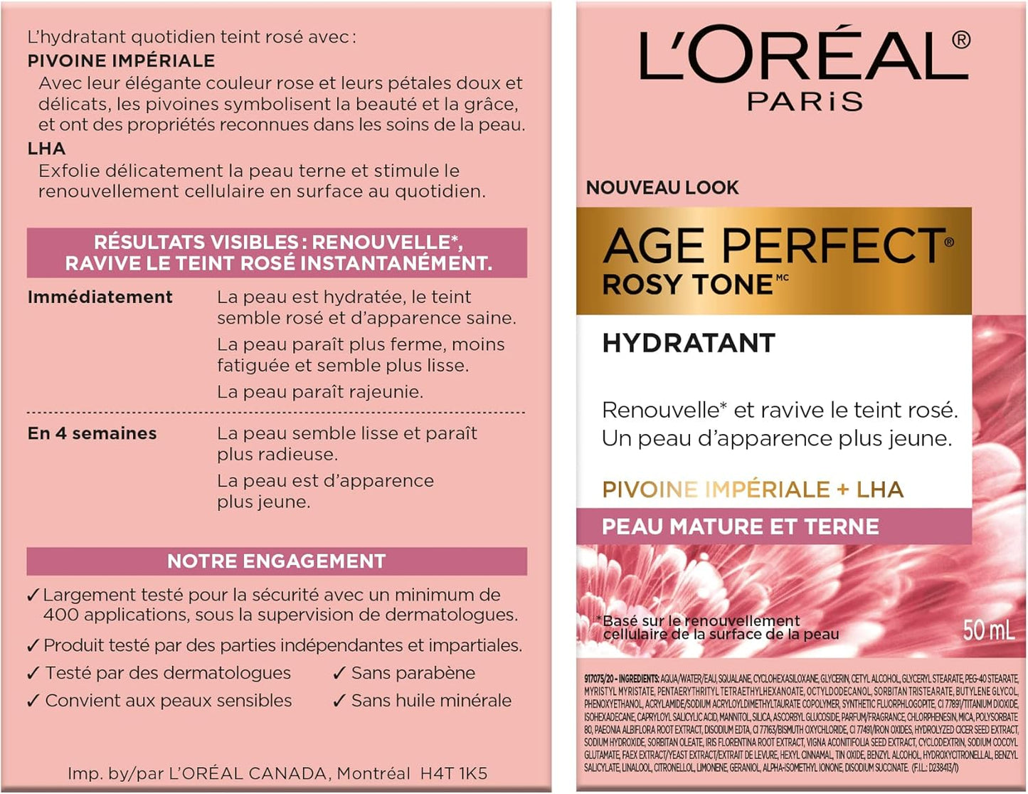 L’Oréal Paris Day Face Moisturizer Cream, Age Perfect Rosy Tone, with LHA & Imperial Peony Extract, For Mature Skin Skincare, 50 ml