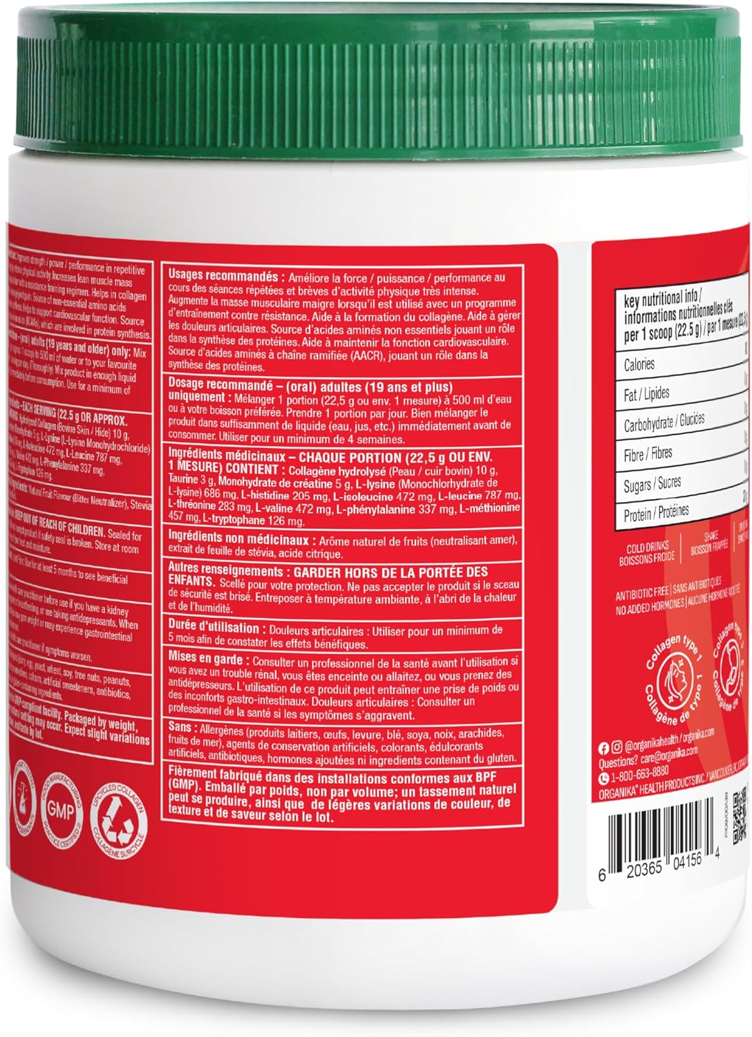 Organika Canadian-Made Enhanced Collagen Sport- 20g Collagen Protein + Creatine, Taurine, and Compete Amino Acid Profile- Promotes Muscle Growth, Strength, and Joint Health- Unflavoured- 517g