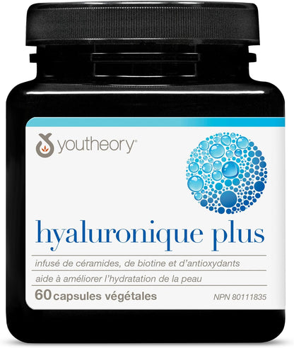 Youtheory 透明质酸加素食胶囊，60 粒，含神经酰胺、生物素和维生素 C。有助于改善皮肤保湿。