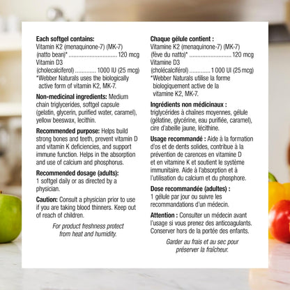 Webber Naturals 维生素 K2 加 D3，60 粒软胶囊，有助于支持骨骼、牙齿和免疫功能，不含麸质和乳制品
