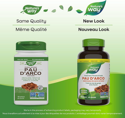 Nature's Way 保哥樹皮內皮膠囊 - 緩解喉嚨痛和感冒 - 成人草本補充劑 - 非基因改造認證 - 180 粒素食膠囊，超值裝