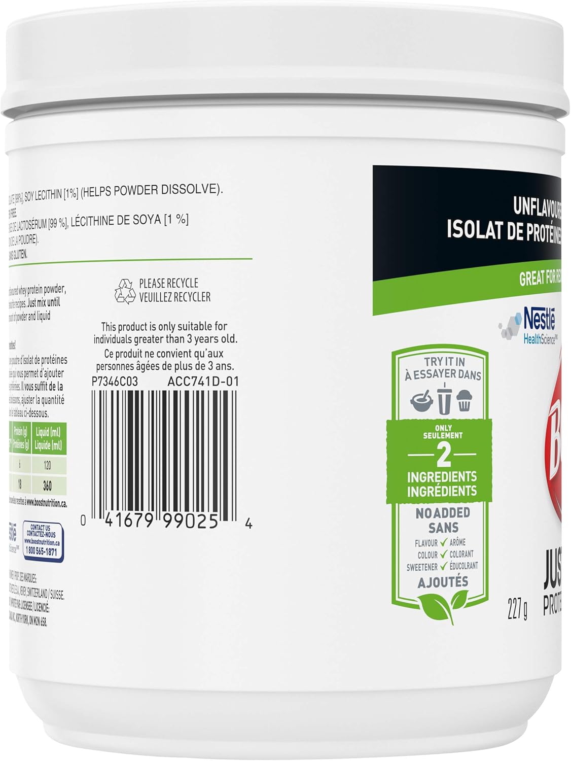 Boost JUST Protein 无味速溶乳清分离蛋白粉，227 克（1 包）- 包装可能有所不同