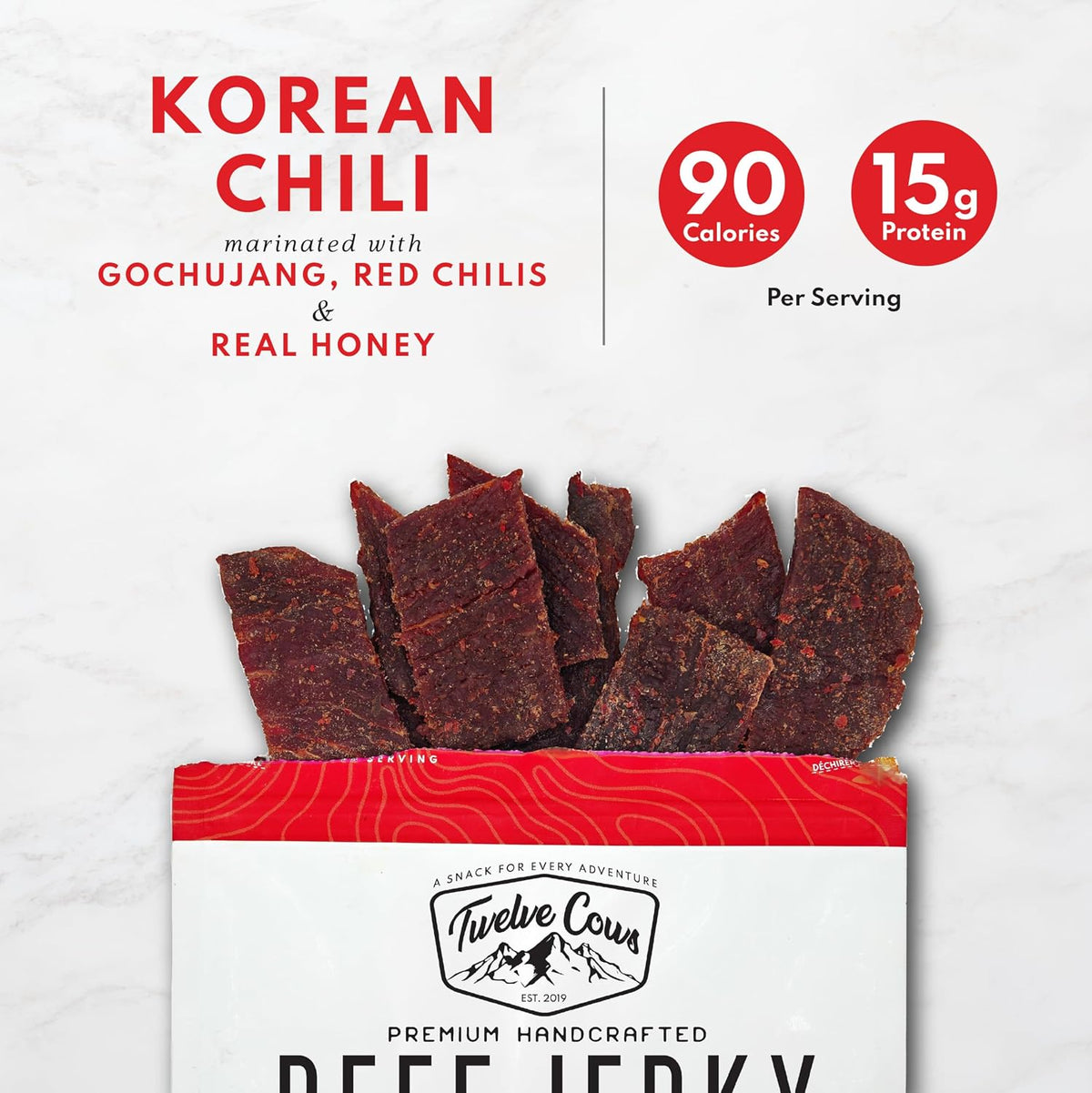 Twelve Cows Handcrafted Beef Jerky Korean Chili, Whole Muscle Premium Cuts, Alberta Beef, High Protein, Low Carb, Halal, Keto - 57g (1 Pack)