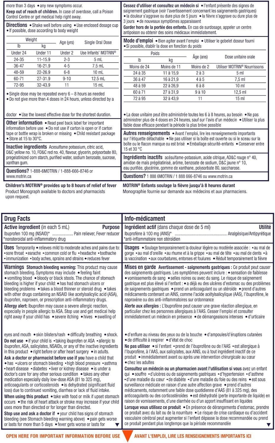 Motrin 儿童液体止痛药，退烧长达 8 小时，布洛芬，水果味，无色素 120 毫升