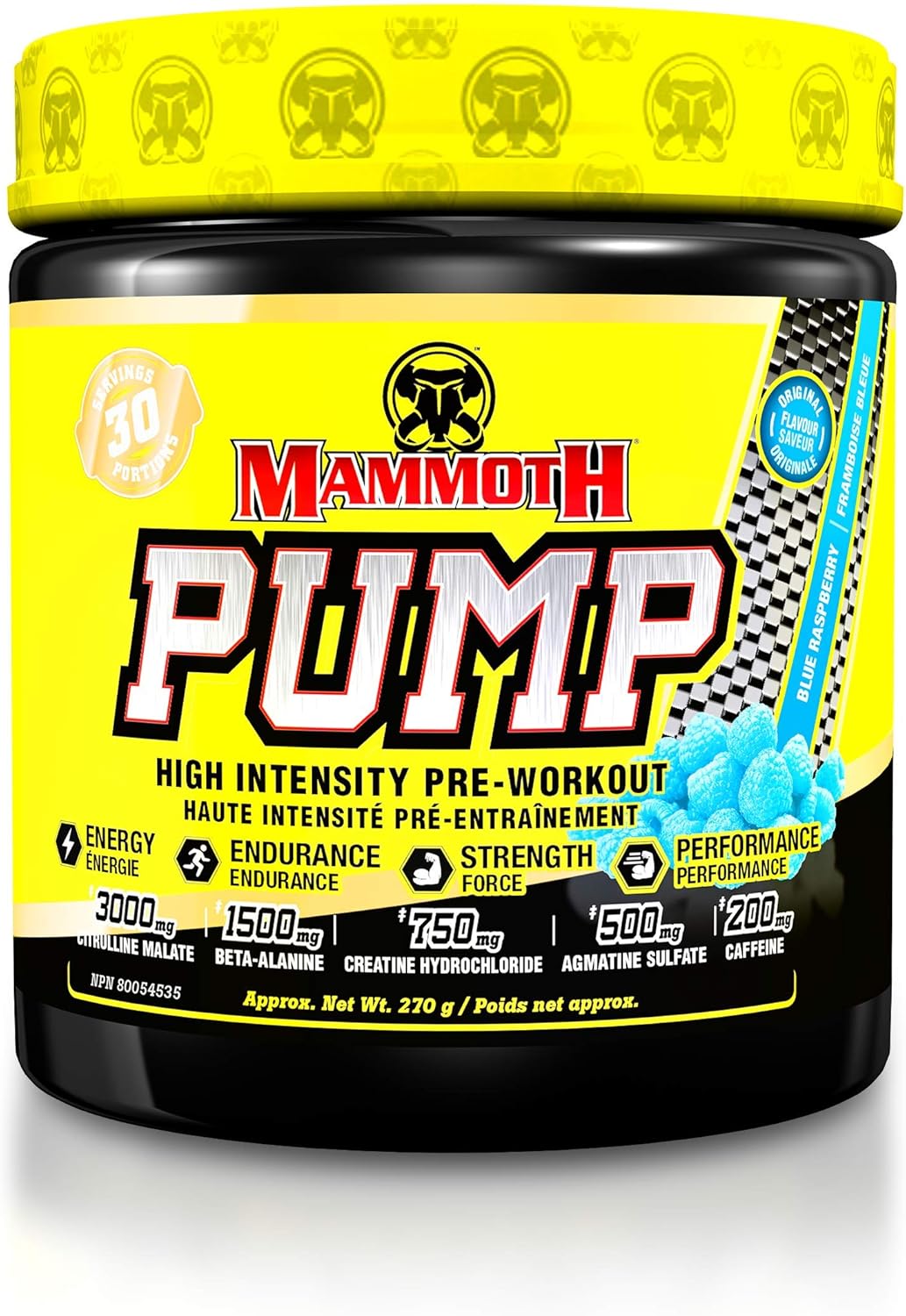MAMMOTH PUMP – 運動前粉末，卓越的肌肉泵感，增強力量和耐力，補充爆發力和能量，提高專注力，快速恢復，減輕酸痛（30 份，藍莓味）