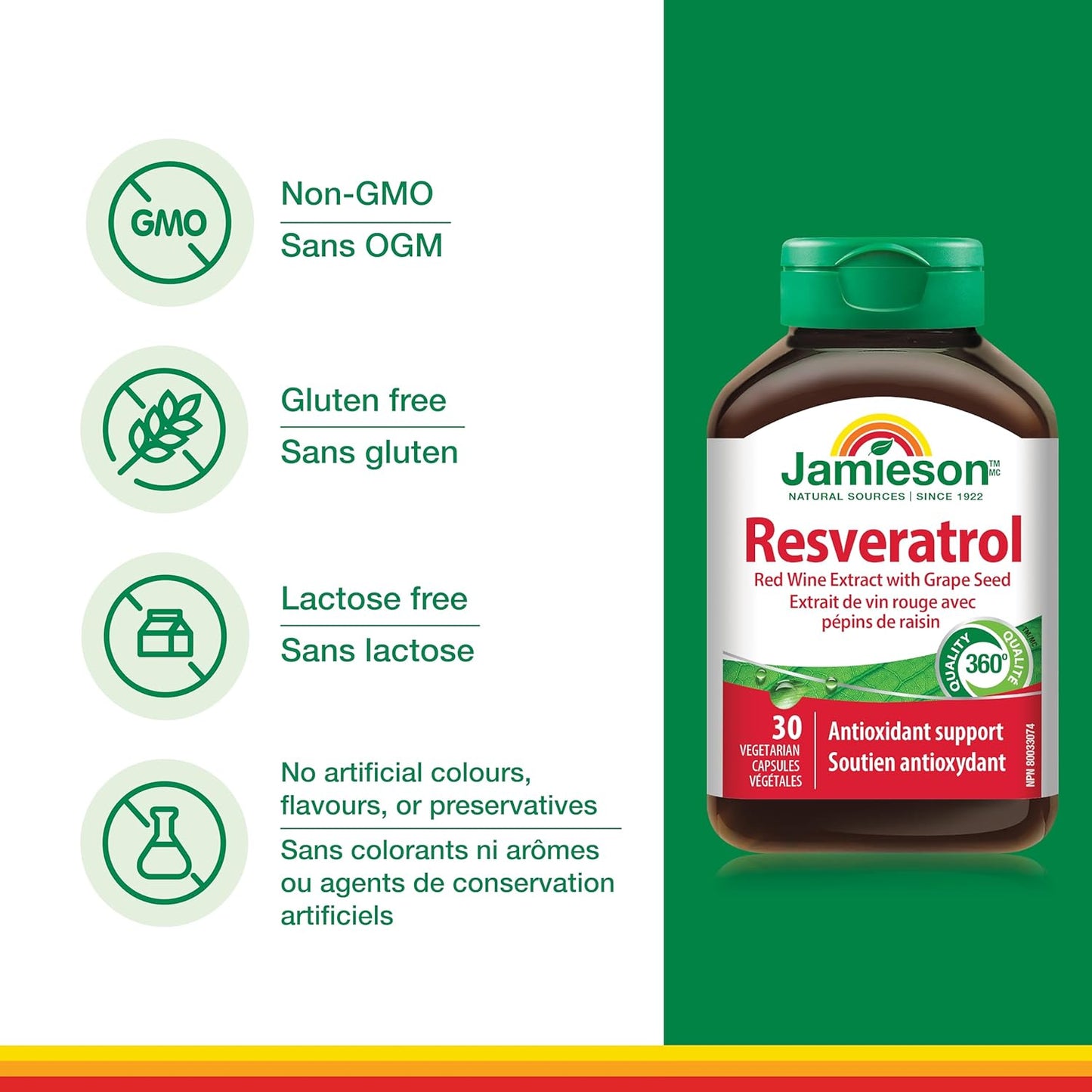 Jamieson 白藜蘆醇、葡萄籽、反式白藜蘆醇，強效抗氧化，支持心血管健康。非基因改造，無麩質，30粒素食膠囊，加拿大製造