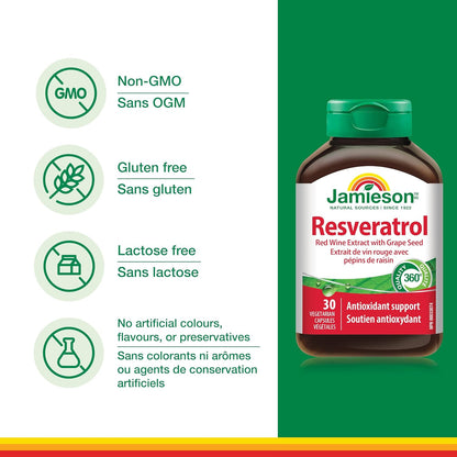 Jamieson 白藜蘆醇、葡萄籽、反式白藜蘆醇，強效抗氧化，支持心血管健康。非基因改造，無麩質，30粒素食膠囊，加拿大製造