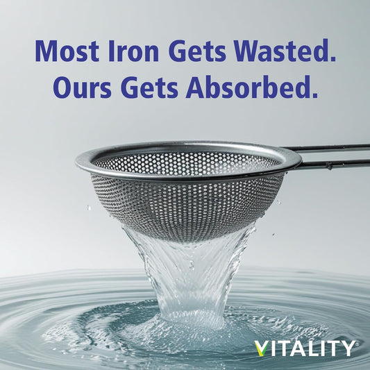 VITALITY Power Iron Bisglycinate 高劑量 45 毫克 - 含 B12 1000 微克、維生素 C、葉酸、高吸收率造血鐵補充劑,適用於缺鐵的男性和女性,120 粒素食膠囊