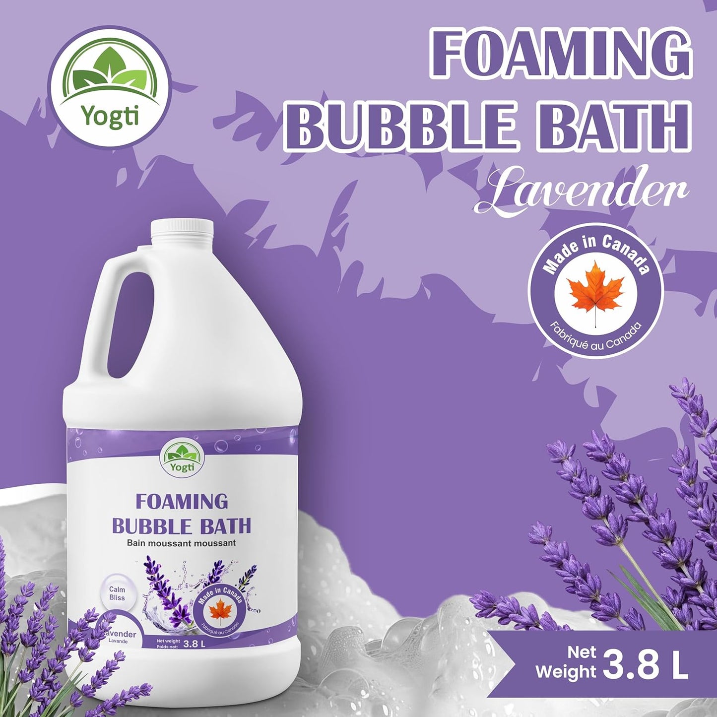 Yogti [Made in Canada] Foaming Bubble Bath Body Wash - 3.8L, Made with Pure Lavender Oil and Epsom Salt, Calm Bliss - 3.8L