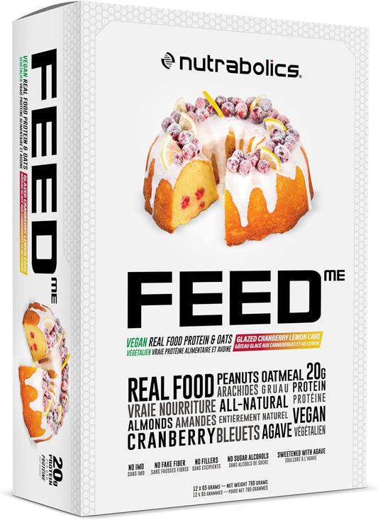 Nutrabolics- Feed me, Vegan Real Food Protein Bar, Glazed Cranberry Lemon Cake Box, 12 x 65 grams