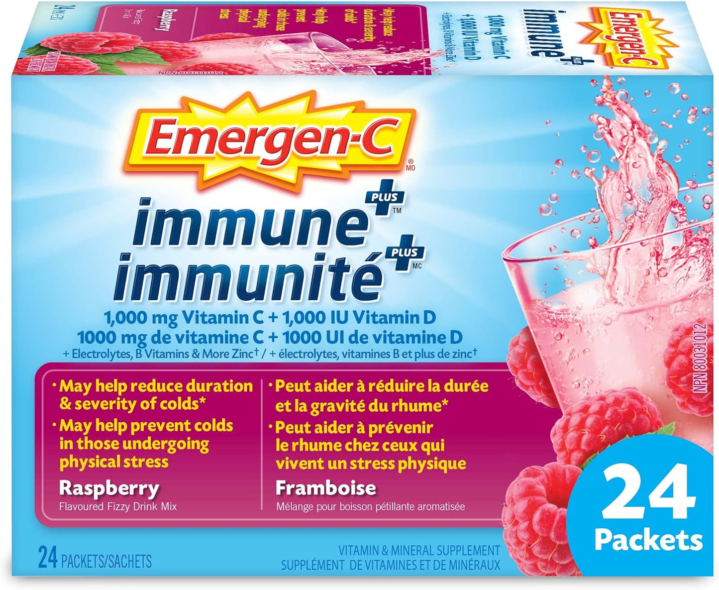 Emergen-C Immune+ 1000mg 维生素 C 粉剂补充剂、饮料混合物、免疫系统增强剂、覆盆子、24 包和覆盆子（30 粒）、1000mg 维生素 C/电解质/B 族维生素矿物质补充剂