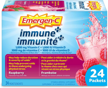 Emergen-C Immune+ 1000毫克維生素C粉劑補充劑，飲料混合物，免疫系統增強劑，覆盆子口味，24包