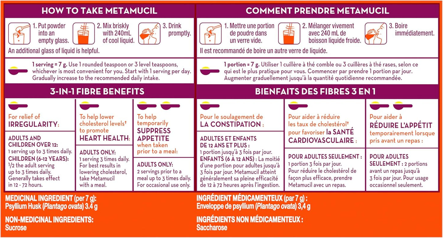 Metamucil, 每日车前子壳粉补充剂，真糖，三合一膳食纤维，促进消化健康，原味顺滑风味饮料，72 份