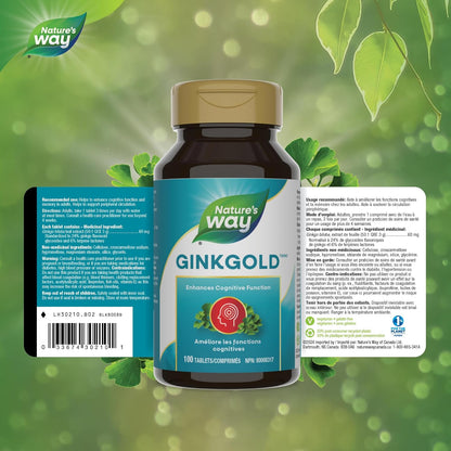 Nature's Way 銀杏金 - 成人認知功能和記憶力支持補充劑 - 外周循環 - 採用銀杏葉製成 - 標準化提取物 - 100 片素食片