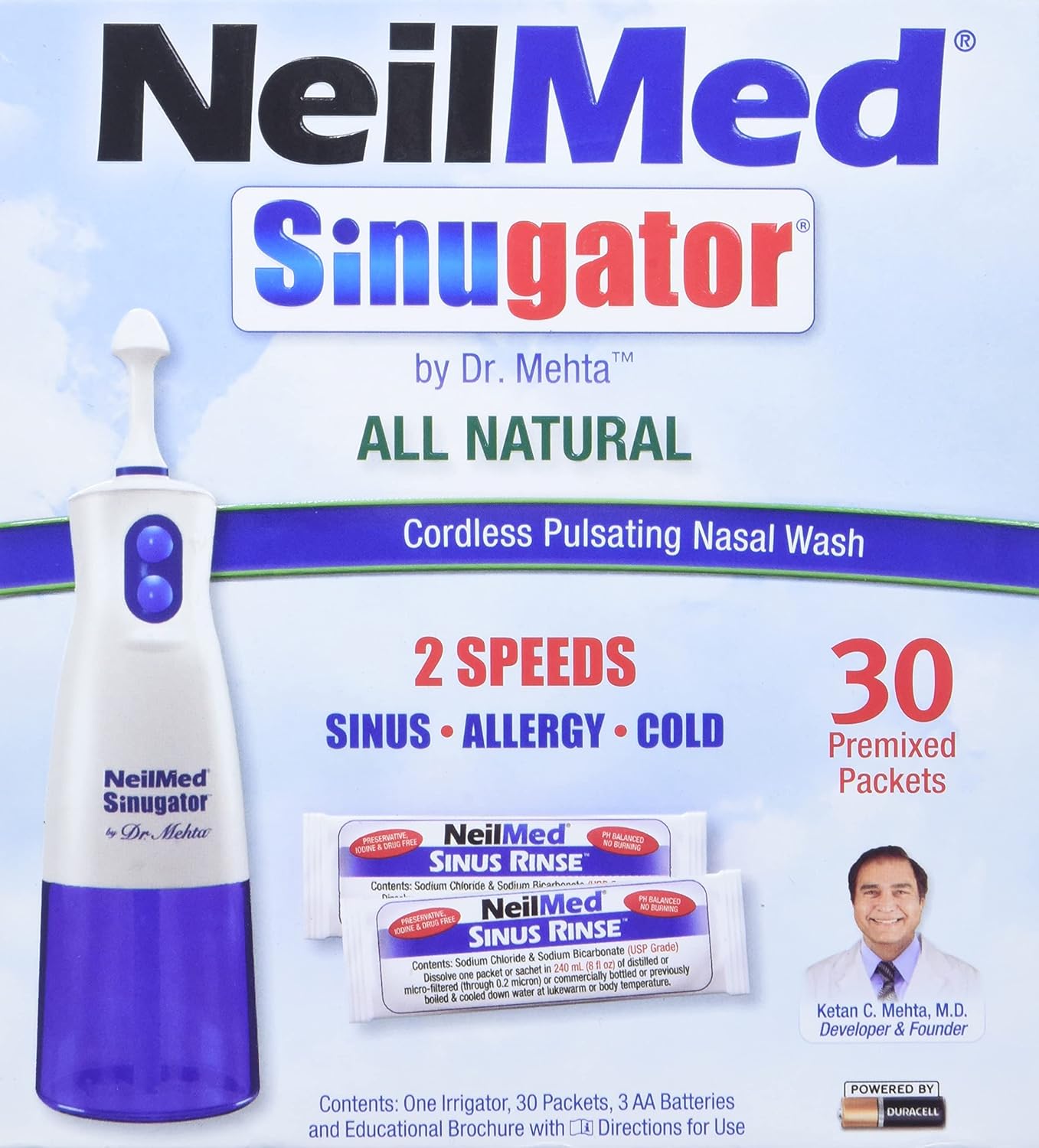 NeilMed Sinugator - 双速无绳脉动式鼻腔冲洗器 1 支