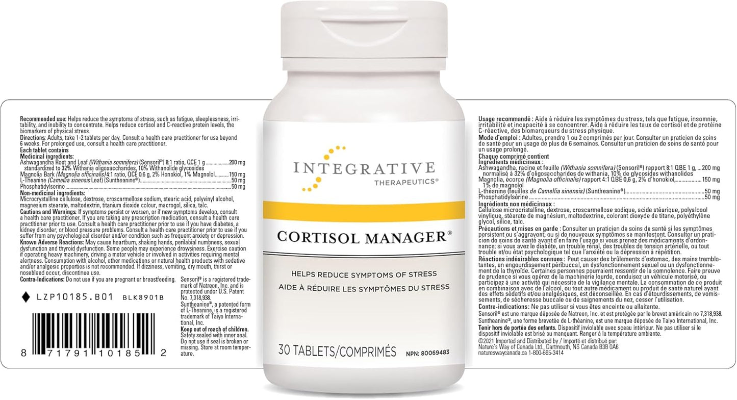 皮质醇管理器 - 综合治疗 - 帮助减少压力症状和皮质醇水平，含有南非醉茄、木兰和 L-茶氨酸 - 30 片素食片