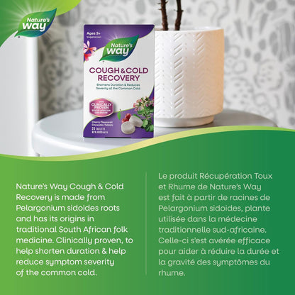 Nature's Way 咳嗽感冒咀嚼片 – 经临床验证，缓解感冒和流感 – 支气管炎、喉炎和咽炎 – 素食天竺葵提取物 – 20 片