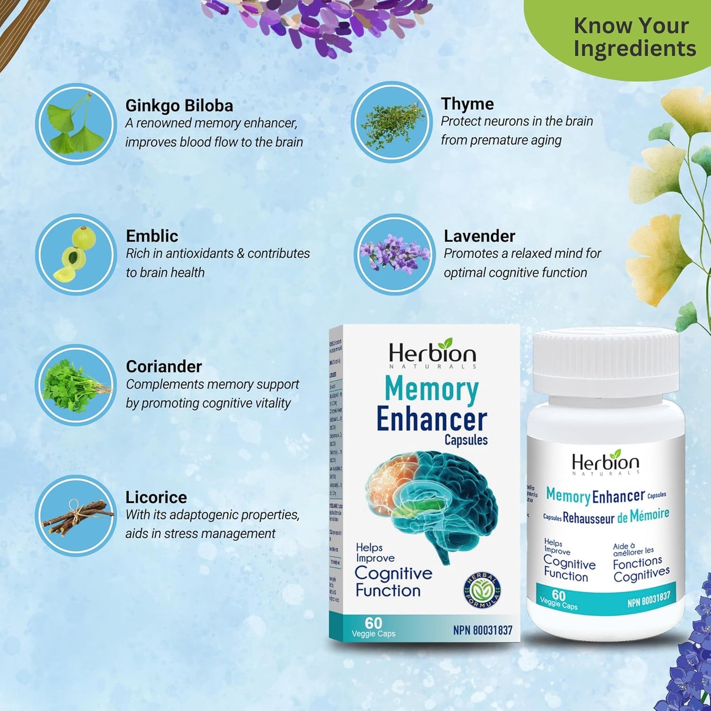 Herbion Naturals Memory Enhancer helps Improve Cognitive Function with Ginkgo biloba, Emblic, Coriander, Thyme, Lavender & Licorice extracts for adults. 60 Veggie Caps