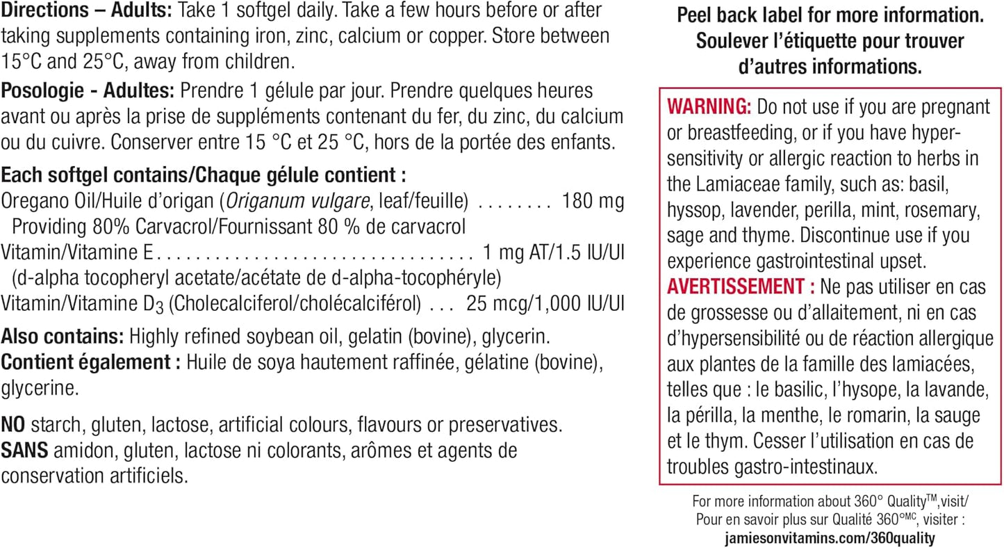 Jamieson 牛至油 180 毫克软胶囊，强效，含维生素 D3 1,000 IU 和维生素 E。支持免疫健康，抗氧化，非转基因，无麸质，90 粒，加拿大制造
