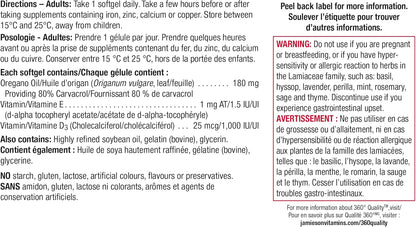 Jamieson 牛至油 180 毫克软胶囊，强效，含维生素 D3 1,000 IU 和维生素 E。支持免疫健康，抗氧化，非转基因，无麸质，90 粒，加拿大制造