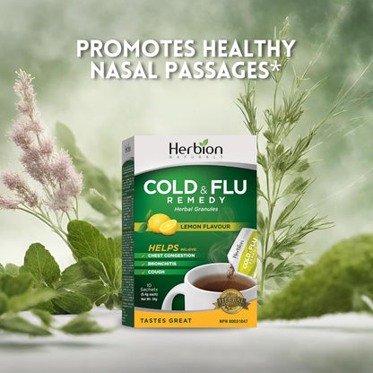 Herbion Naturals 感冒和流感草药颗粒，天然柠檬味，10 袋装 - 有助于缓解咳嗽和胸闷