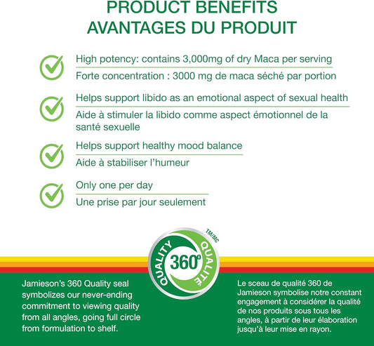 Jamieson High Potency Maca 3,000 mg, Helps to Support Emotional Aspects of Sexual Health and a Healthy Mood Balance. Vegetarian, Non-GMO, Gluten-Free, Only One Per Day, 60 Count