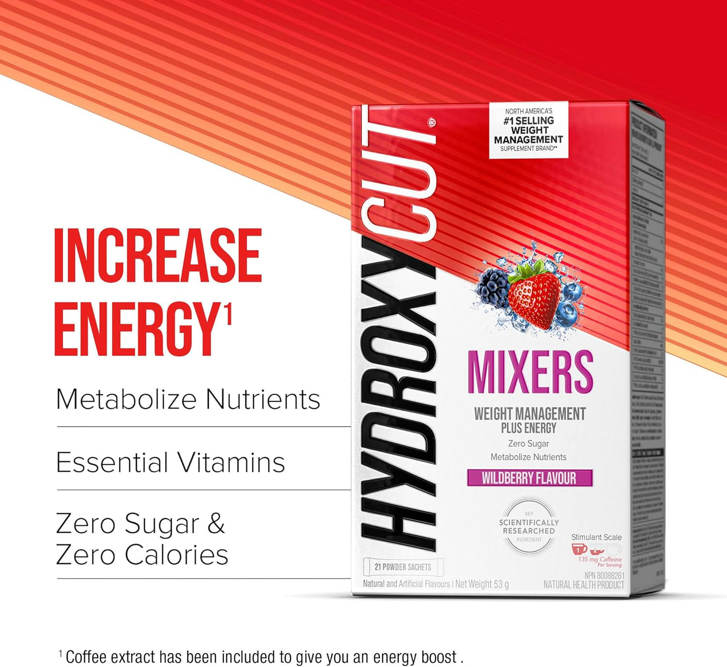 Hydroxycut 男女体重管理补充剂，野莓味，21 袋粉剂 - 含咖啡因和电解质的能量饮料粉 - 零糖