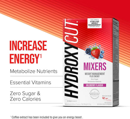 Hydroxycut 男女体重管理补充剂，野莓味，21 袋粉剂 - 含咖啡因和电解质的能量饮料粉 - 零糖