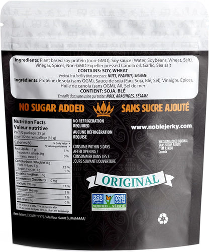 Noble Jerky Vegan Jerky 4 Pack – 2 Original & 2 Smokey Flavour, Plant-Based Protein Snack, No Sugar Added, No Preservatives, No Trans Fats, Non-GMO, 70g Bags