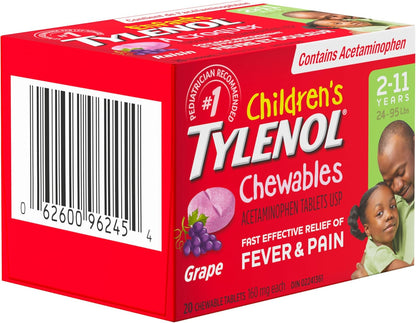泰诺儿童咀嚼片退烧止痛，葡萄味，160 毫克对乙酰氨基酚，20 片，缓解牙痛
