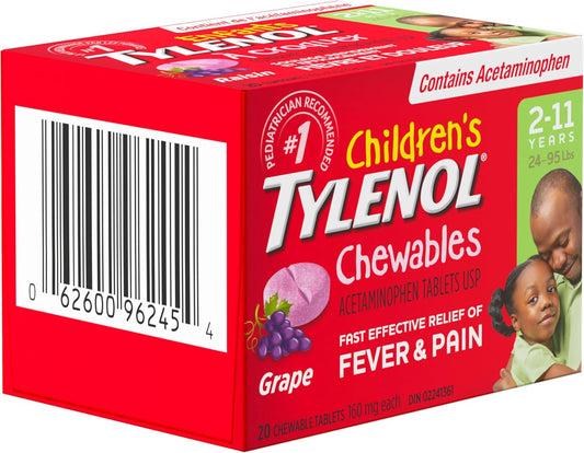 泰諾兒童咀嚼片退燒止痛，葡萄味，160 毫克對乙醯氨基酚，20 片，緩解牙痛