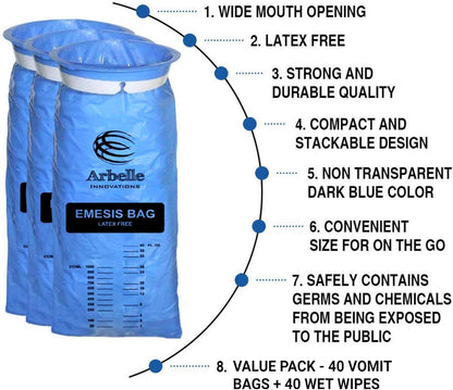 一次性嘔吐袋，嘔吐袋 - 40個嘔吐袋+40片濕紙巾，用於噁心、暈車、汽車、懷孕、化療嘔吐，藍色嘔吐袋，優質防漏，方便旅行