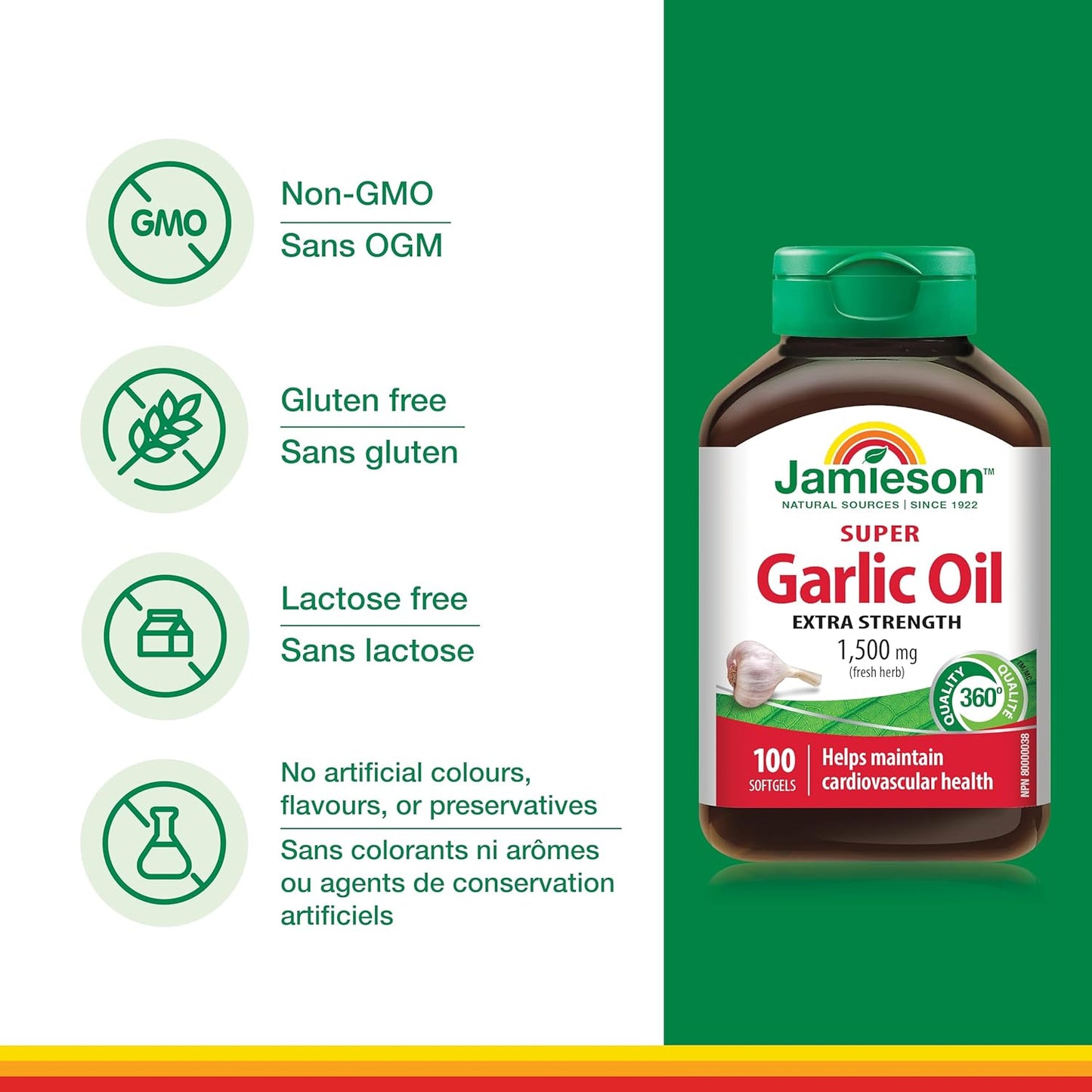 Jamieson Super Garlic Oil 1,500 mg, Extra Strength, Supports Heart Health, and Provides Immune Support. Non-GMO, Gluten-Free, 100 Softgels, Proudly Canadian