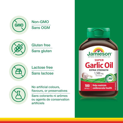 Jamieson Super Garlic Oil 1,500 mg, Extra Strength, Supports Heart Health, and Provides Immune Support. Non-GMO, Gluten-Free, 100 Softgels, Proudly Canadian
