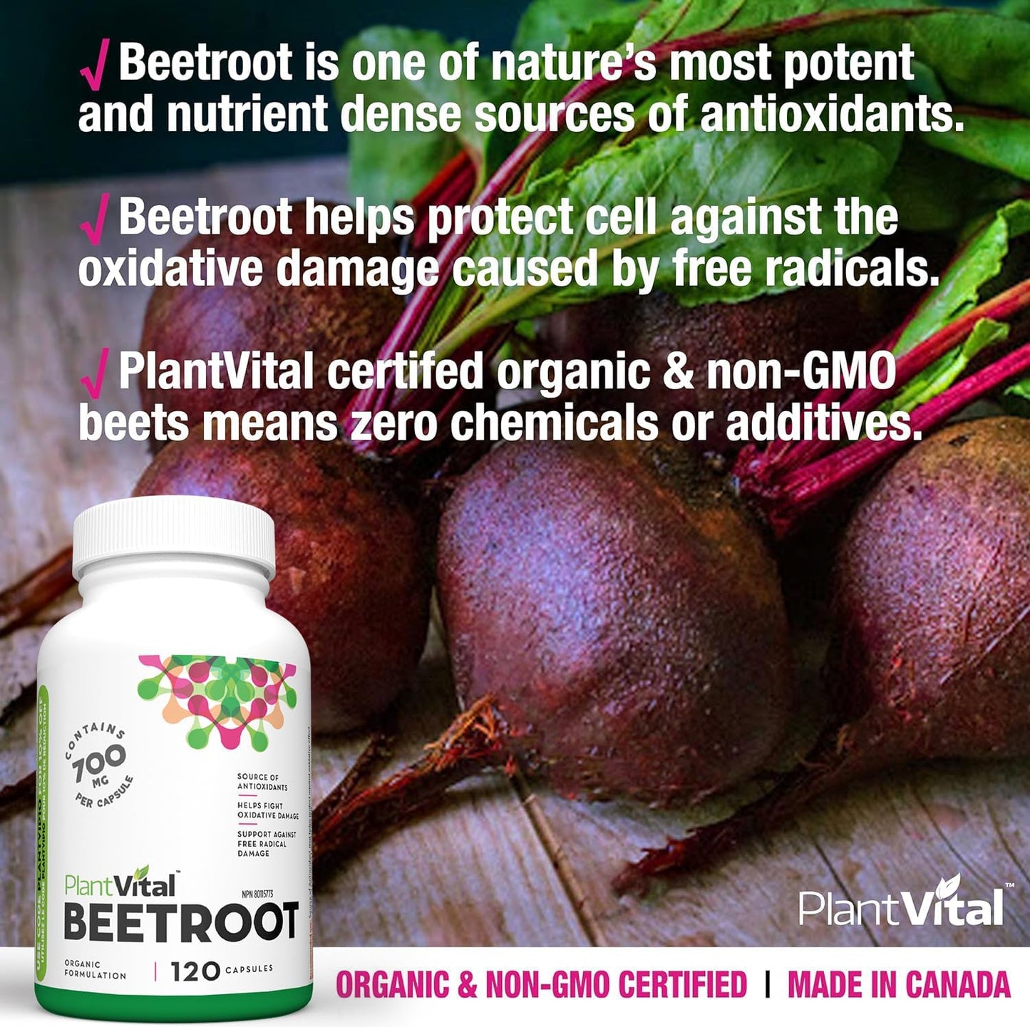 PlantVital Organic Beetroot 1400mg per day -Made in Canada, Health Canada Licensed- Antioxidant Beet Root Supplement - Protects Against Oxidative Damage and Free Radicals -120 Capsules, 2-Month Supply