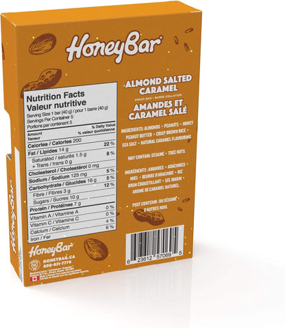 HoneyBar 零食棒，杏仁咸焦糖，无麸质，非转基因，素食，40 克，杏仁咸焦糖，5 条