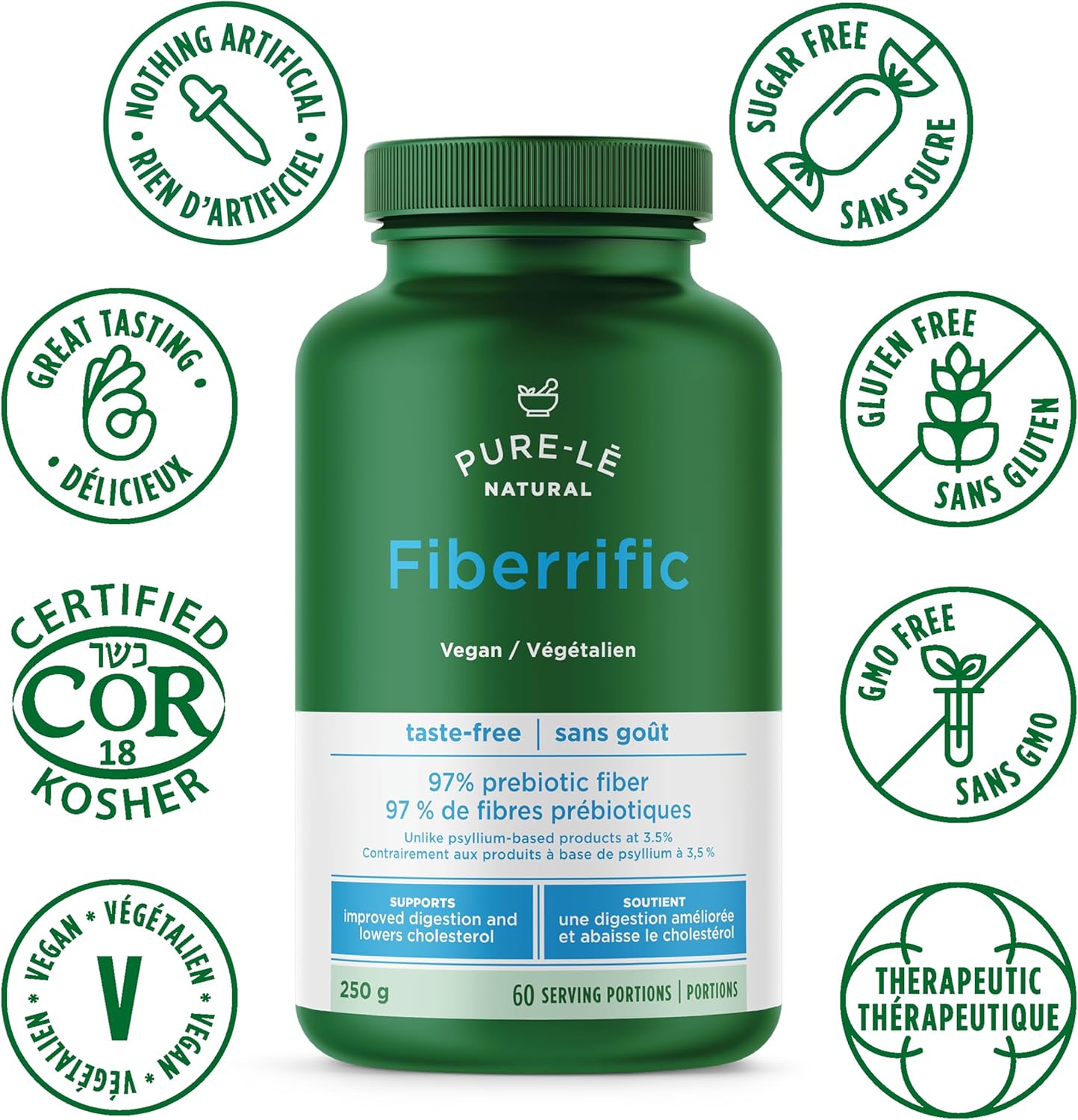 Pure-lē Fiberrific | Inulin Prebiotic Fiber Supplement Powder | Supports Digestion, Gut & Intestinal Health, Regularity, Helps Reduce Bloating & Cholesterol | 60 Servings